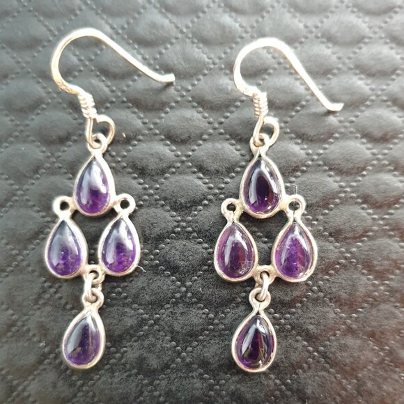 Gorgeous Vintage Victorian 8ct Natural Amethyst Cabochon Chandelier Earrings - Picture 8 of 11